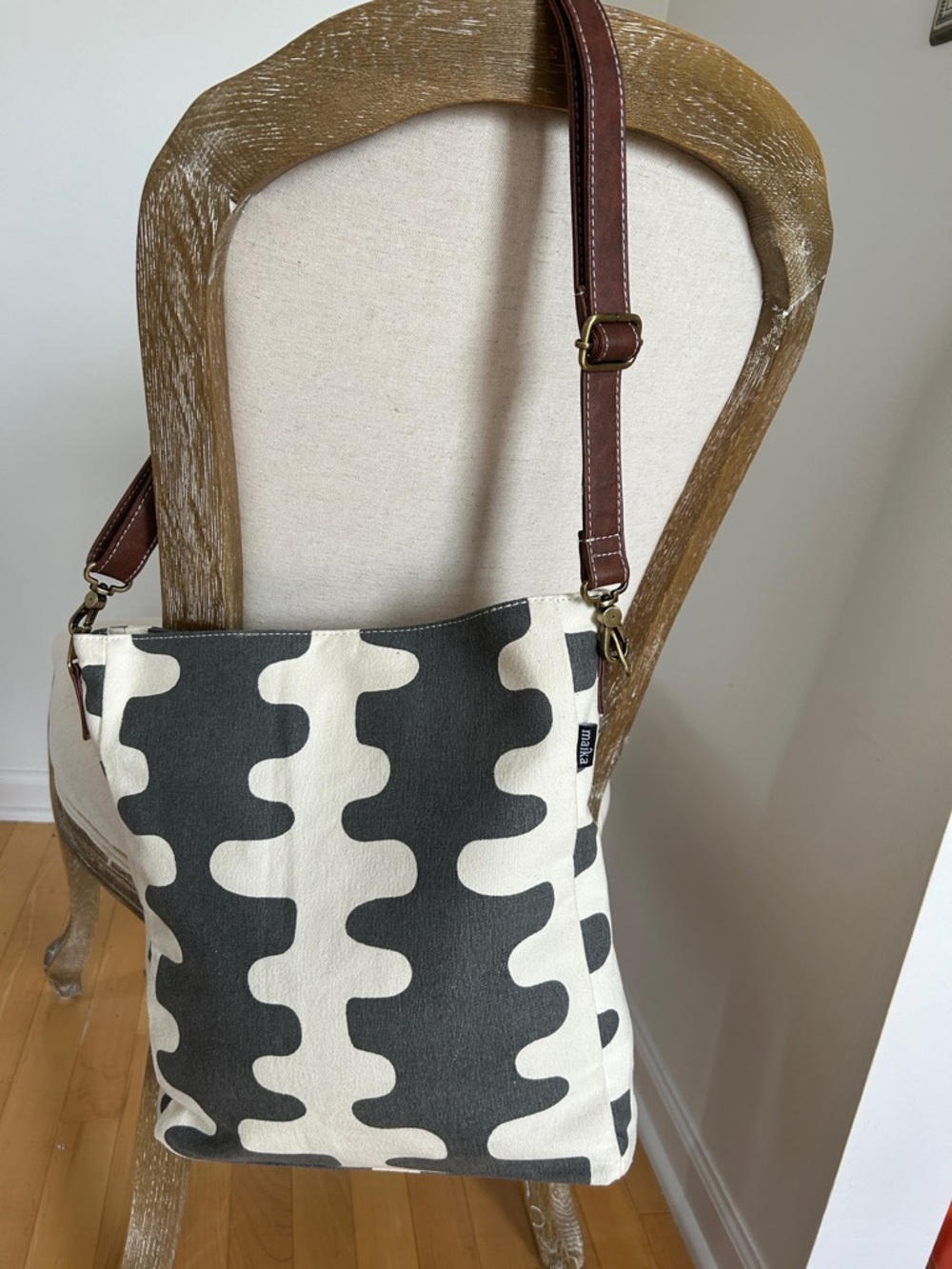 Maika Charcoal & Cream Canvas Tote with Brown Strap